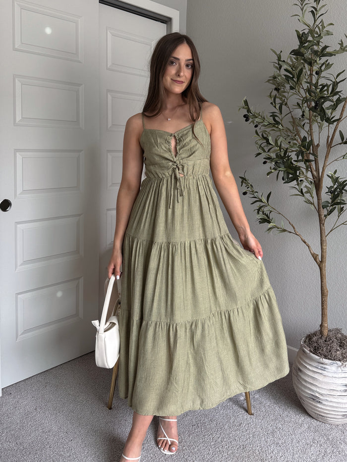 Colette Striped Cutout Tiered Maxi Dress (Olive)