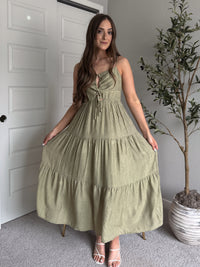 Colette Striped Cutout Tiered Maxi Dress (Olive)