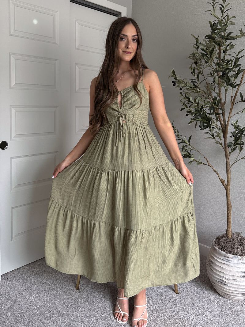 Colette Striped Cutout Tiered Maxi Dress (Olive)