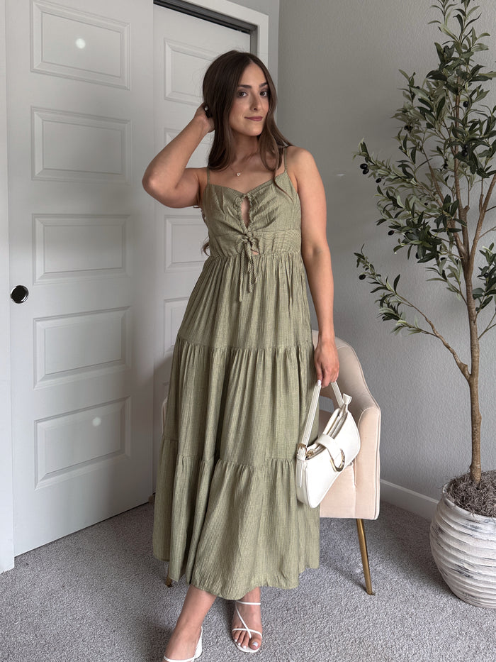 Colette Striped Cutout Tiered Maxi Dress (Olive)