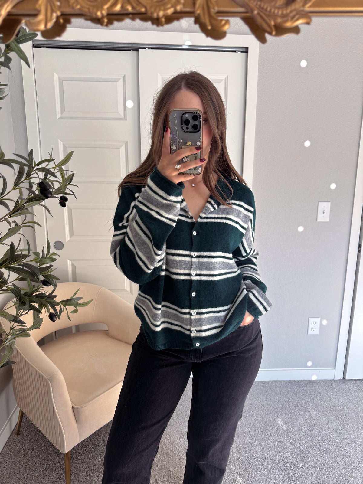 Collins Relaxed Fit Striped Cardigan (Hunter Green)