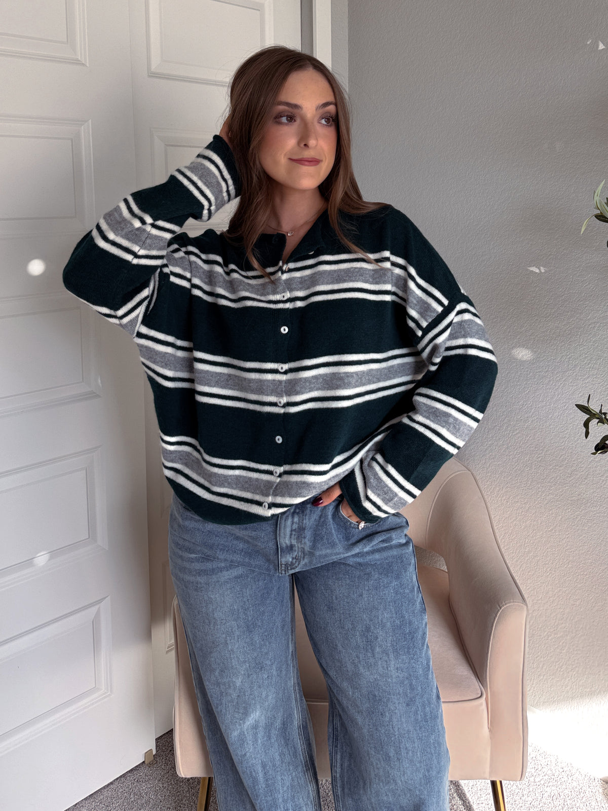 Collins Relaxed Fit Striped Cardigan (Hunter Green)