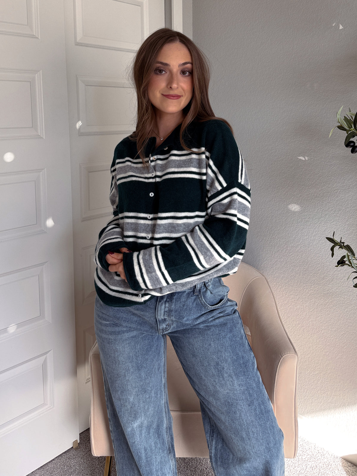 Collins Relaxed Fit Striped Cardigan (Hunter Green)