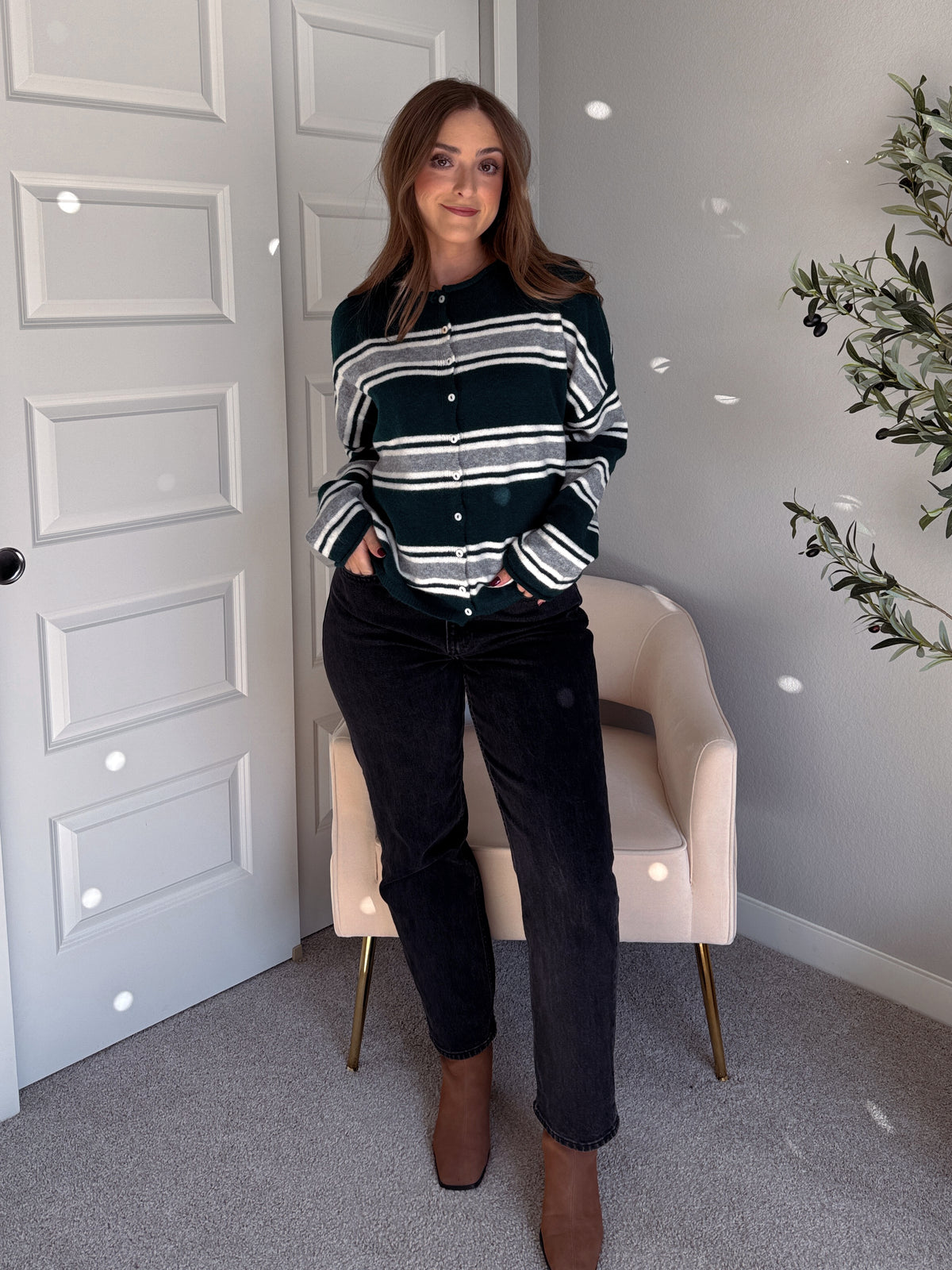 Collins Relaxed Fit Striped Cardigan (Hunter Green)