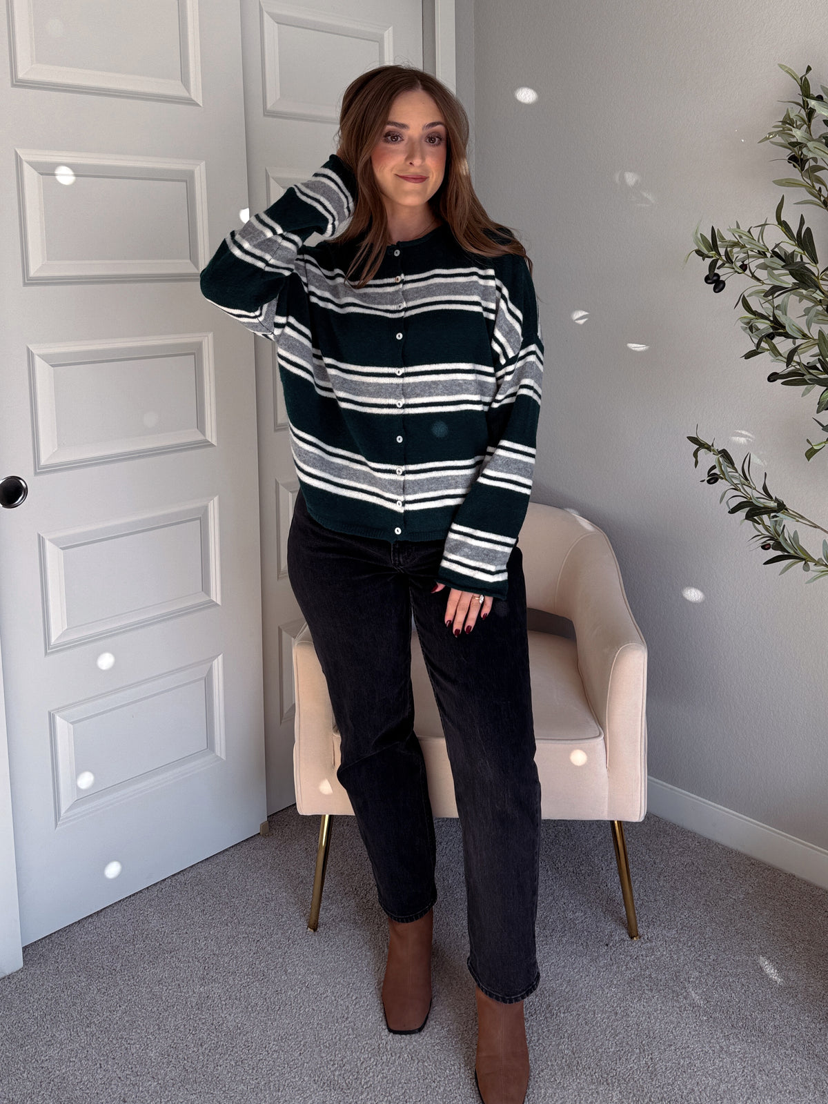 Collins Relaxed Fit Striped Cardigan (Hunter Green)