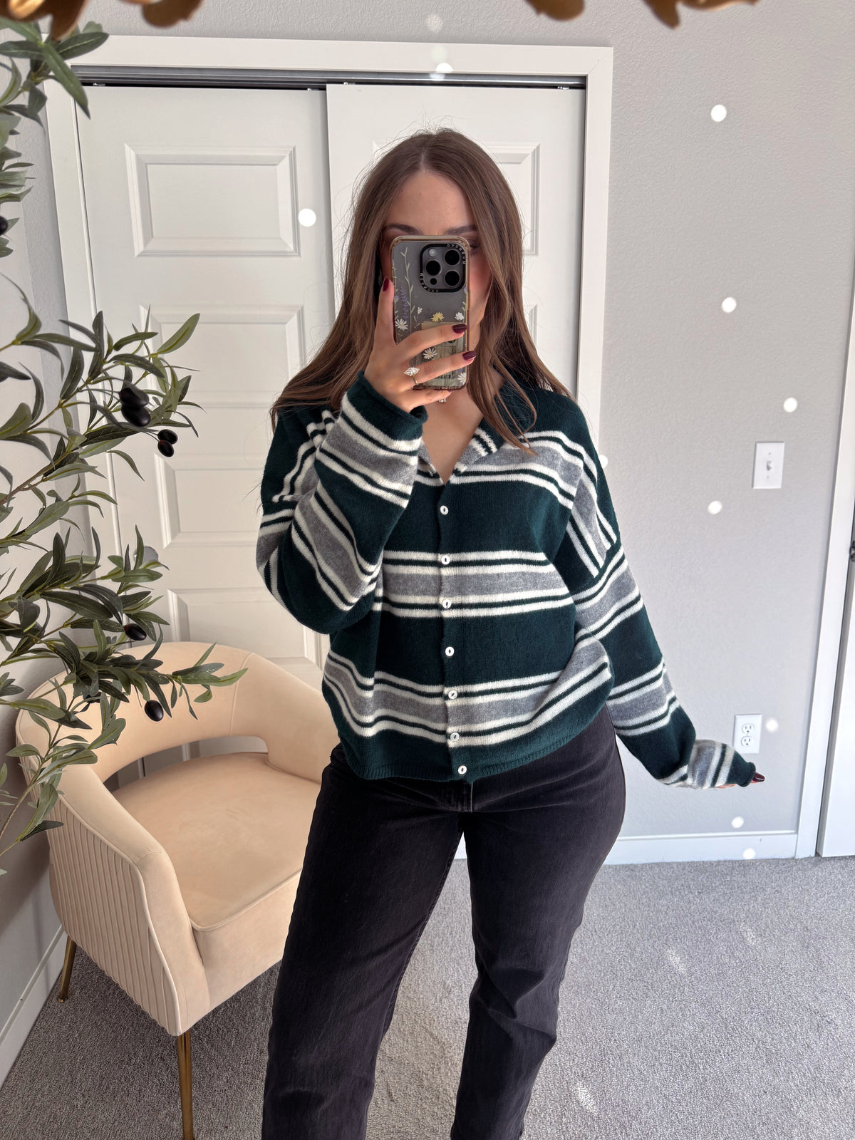 Collins Relaxed Fit Striped Cardigan (Hunter Green)