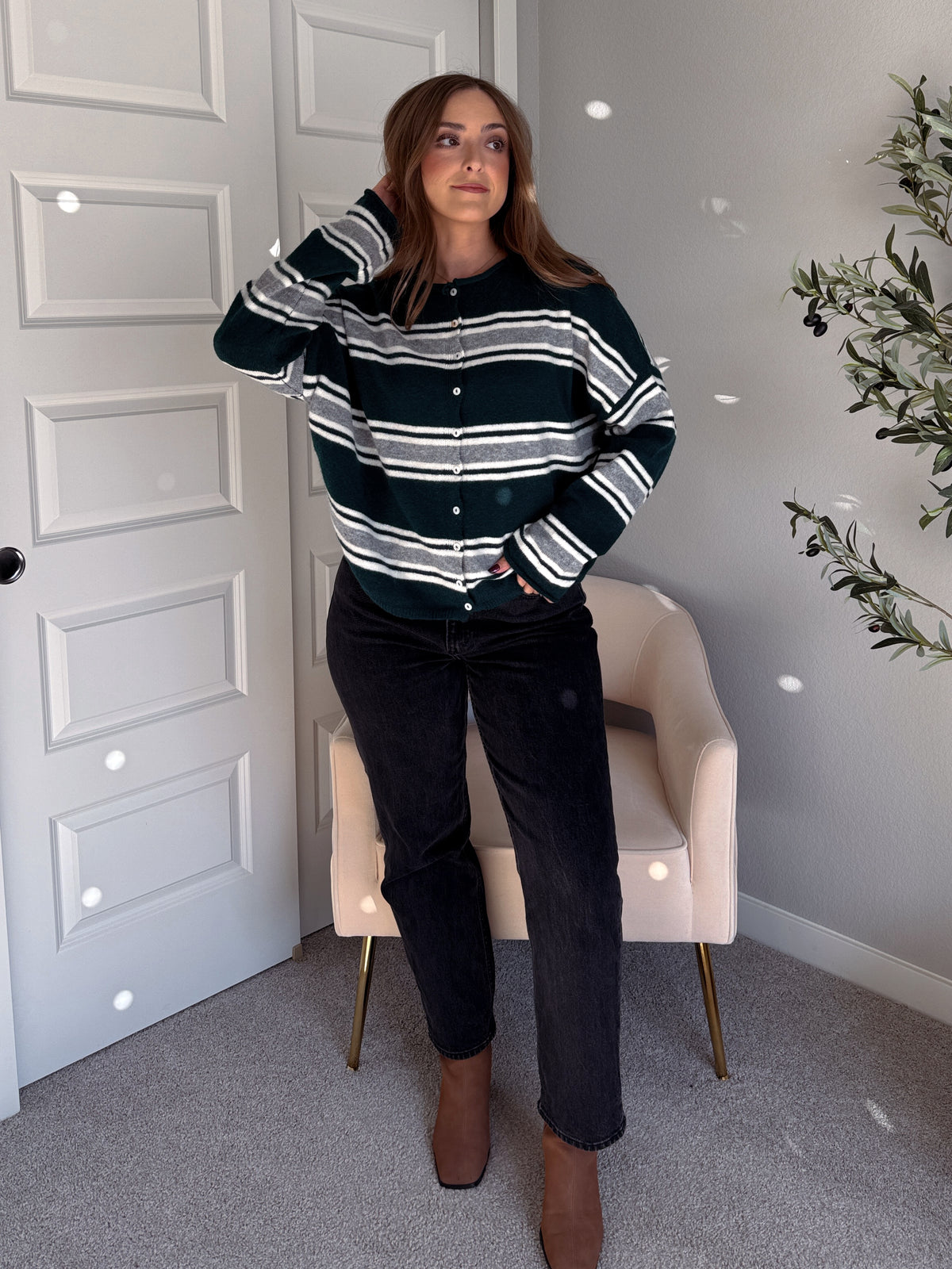 Collins Relaxed Fit Striped Cardigan (Hunter Green)