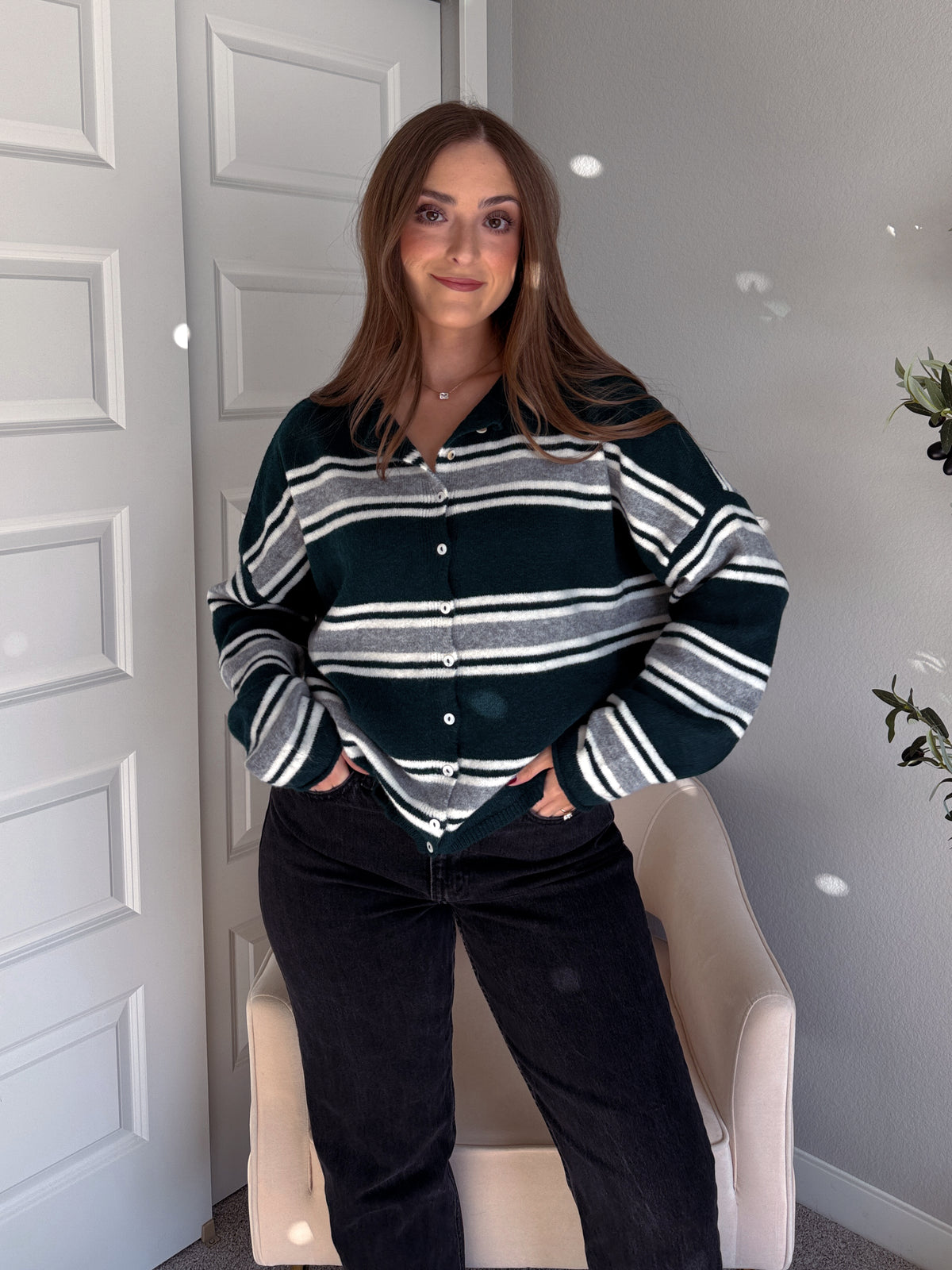 Collins Relaxed Fit Striped Cardigan (Hunter Green)