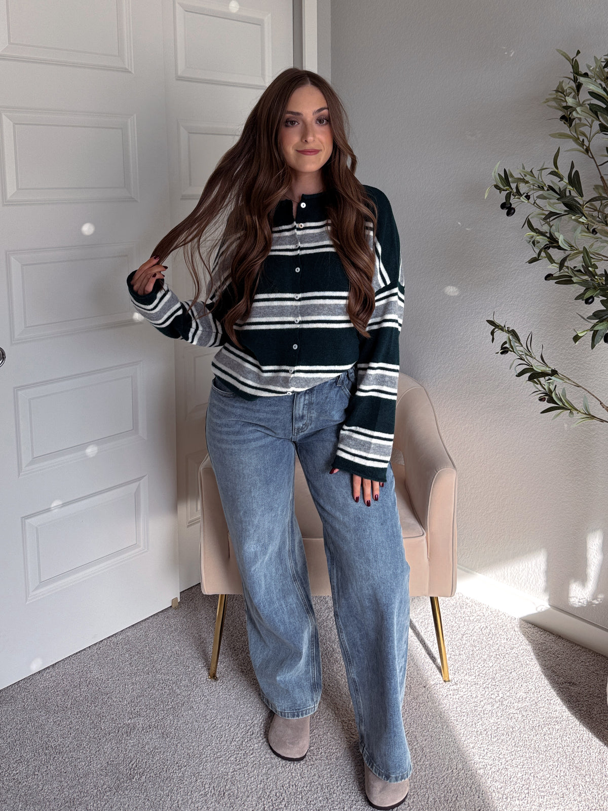 Collins Relaxed Fit Striped Cardigan (Hunter Green)