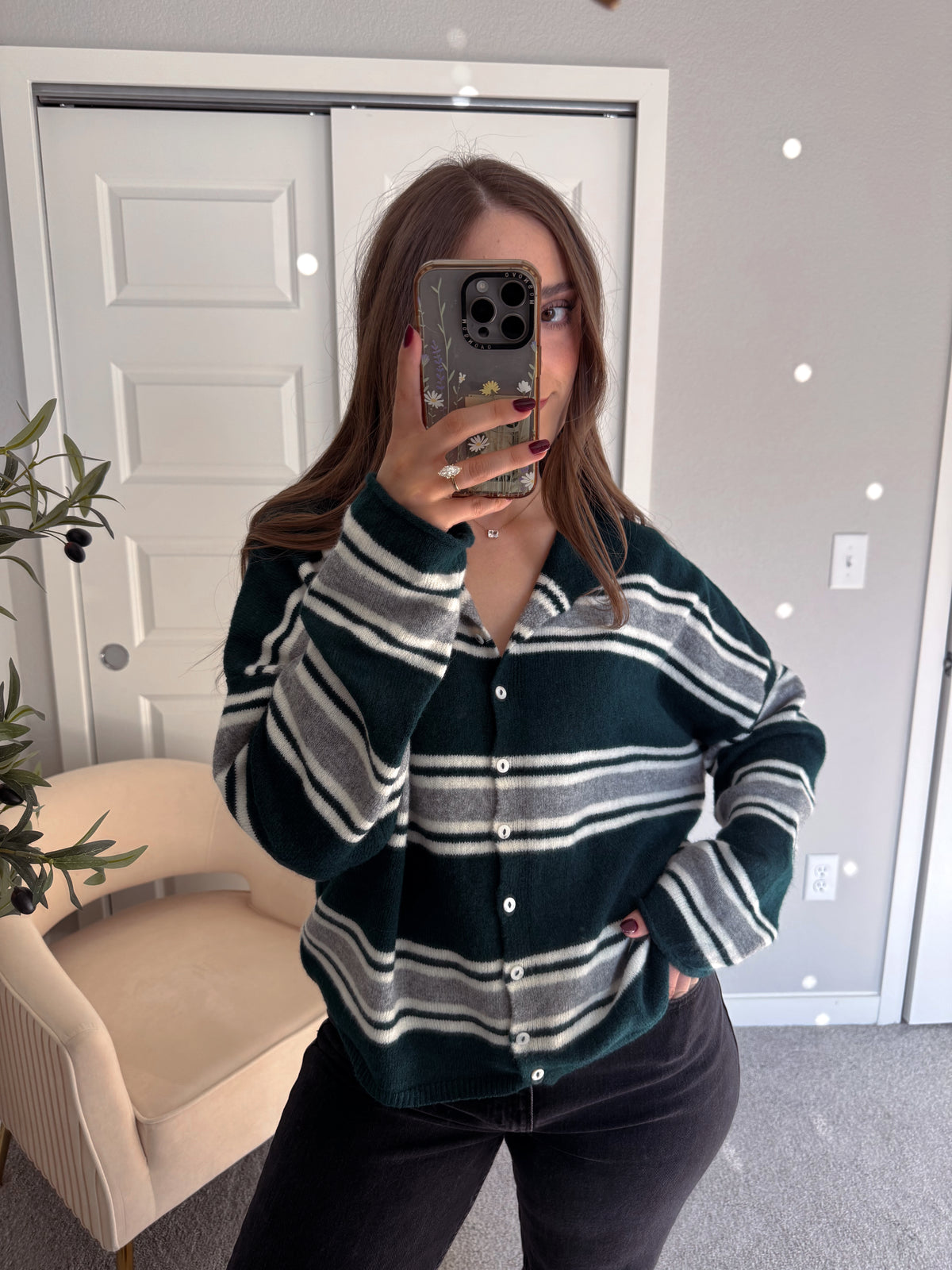 Collins Relaxed Fit Striped Cardigan (Hunter Green)