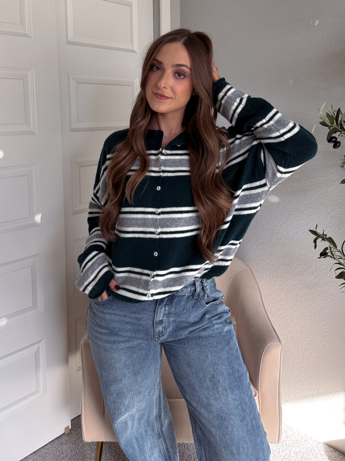 Collins Relaxed Fit Striped Cardigan (Hunter Green)
