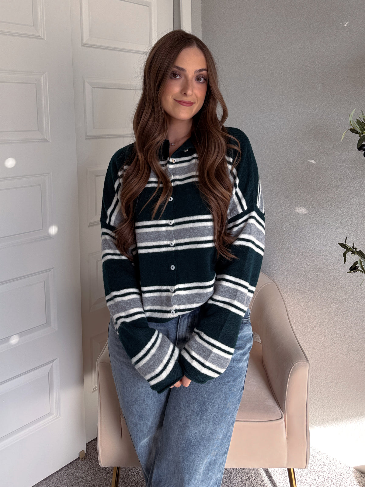 Collins Relaxed Fit Striped Cardigan (Hunter Green)