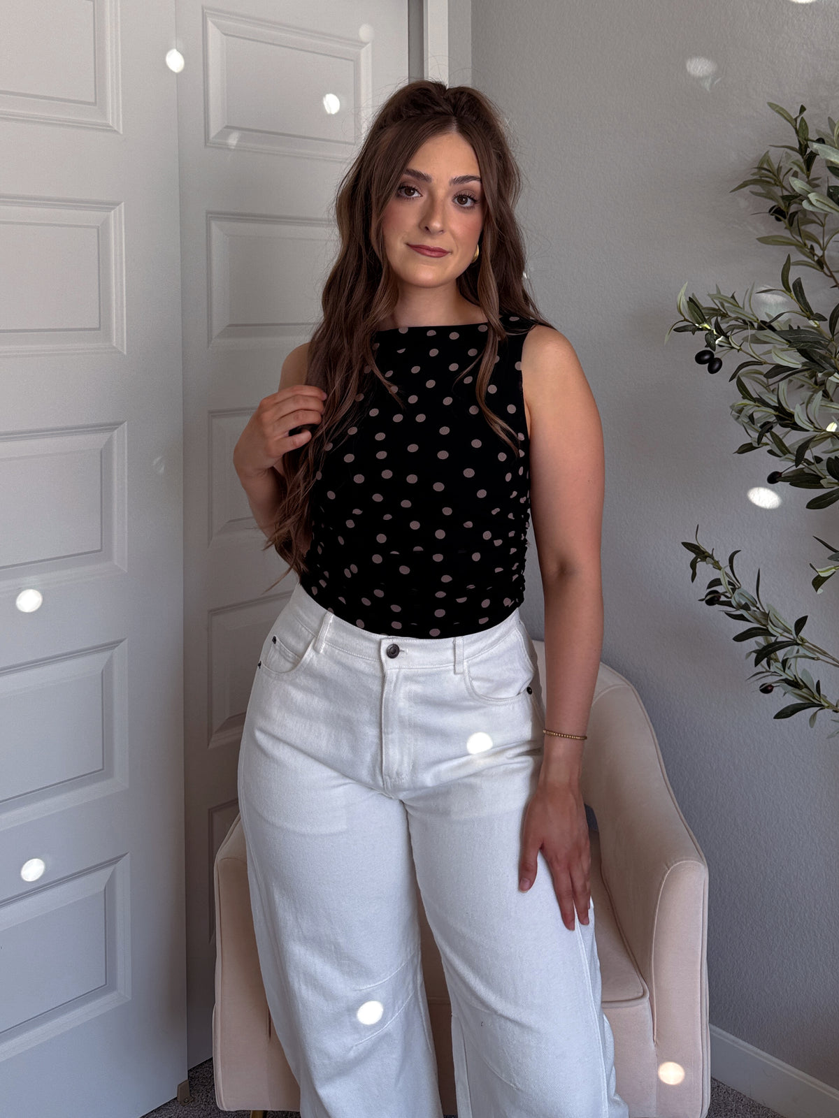 Corinne Polka Dot Boat Neck Sleeveless Top (Black)