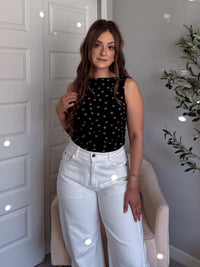 Corinne Polka Dot Boat Neck Sleeveless Top (Black)