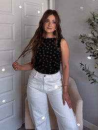 Corinne Polka Dot Boat Neck Sleeveless Top (Black)