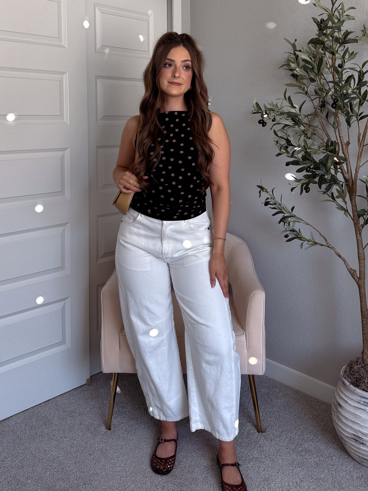 Corinne Polka Dot Boat Neck Sleeveless Top (Black)