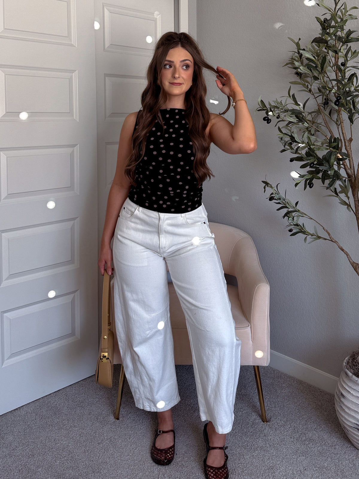 Corinne Polka Dot Boat Neck Sleeveless Top (Black)