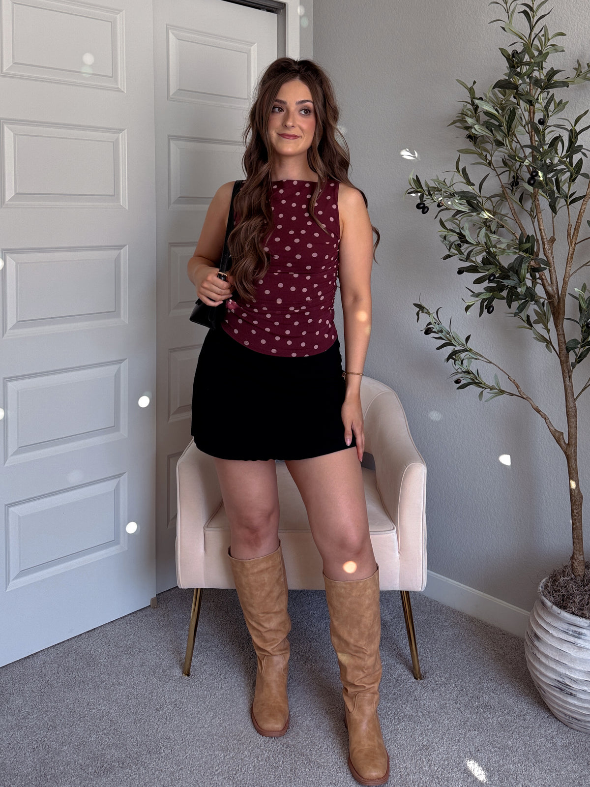Corinne Polka Dot Boat Neck Sleeveless Top (Burgundy)