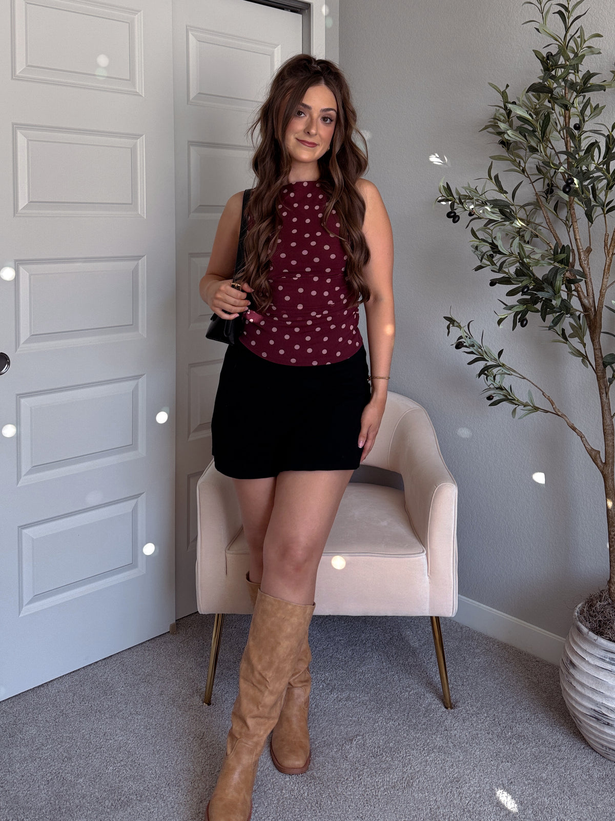 Corinne Polka Dot Boat Neck Sleeveless Top (Burgundy)