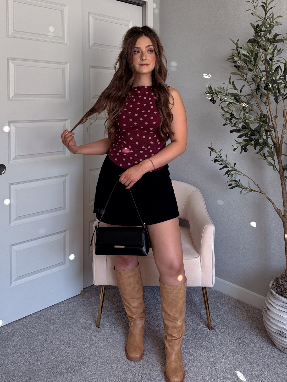 Corinne Polka Dot Boat Neck Sleeveless Top (Burgundy)