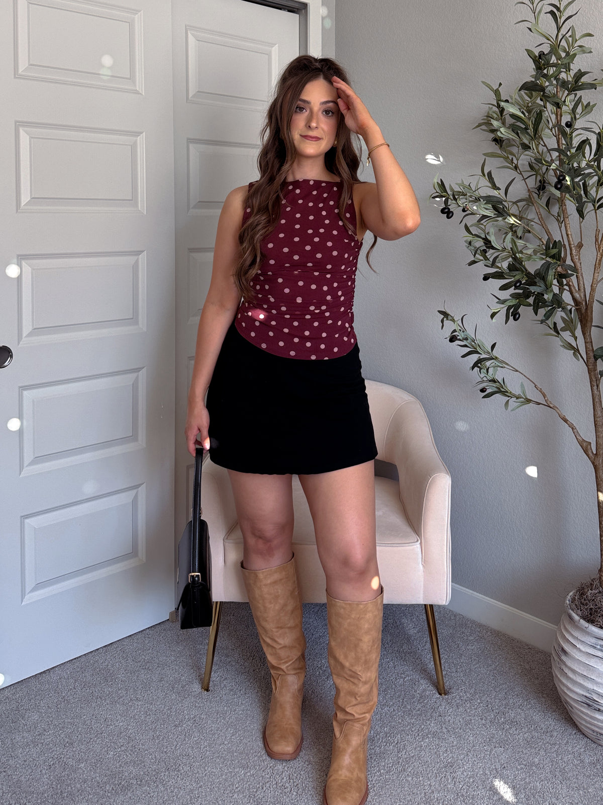 Corinne Polka Dot Boat Neck Sleeveless Top (Burgundy)