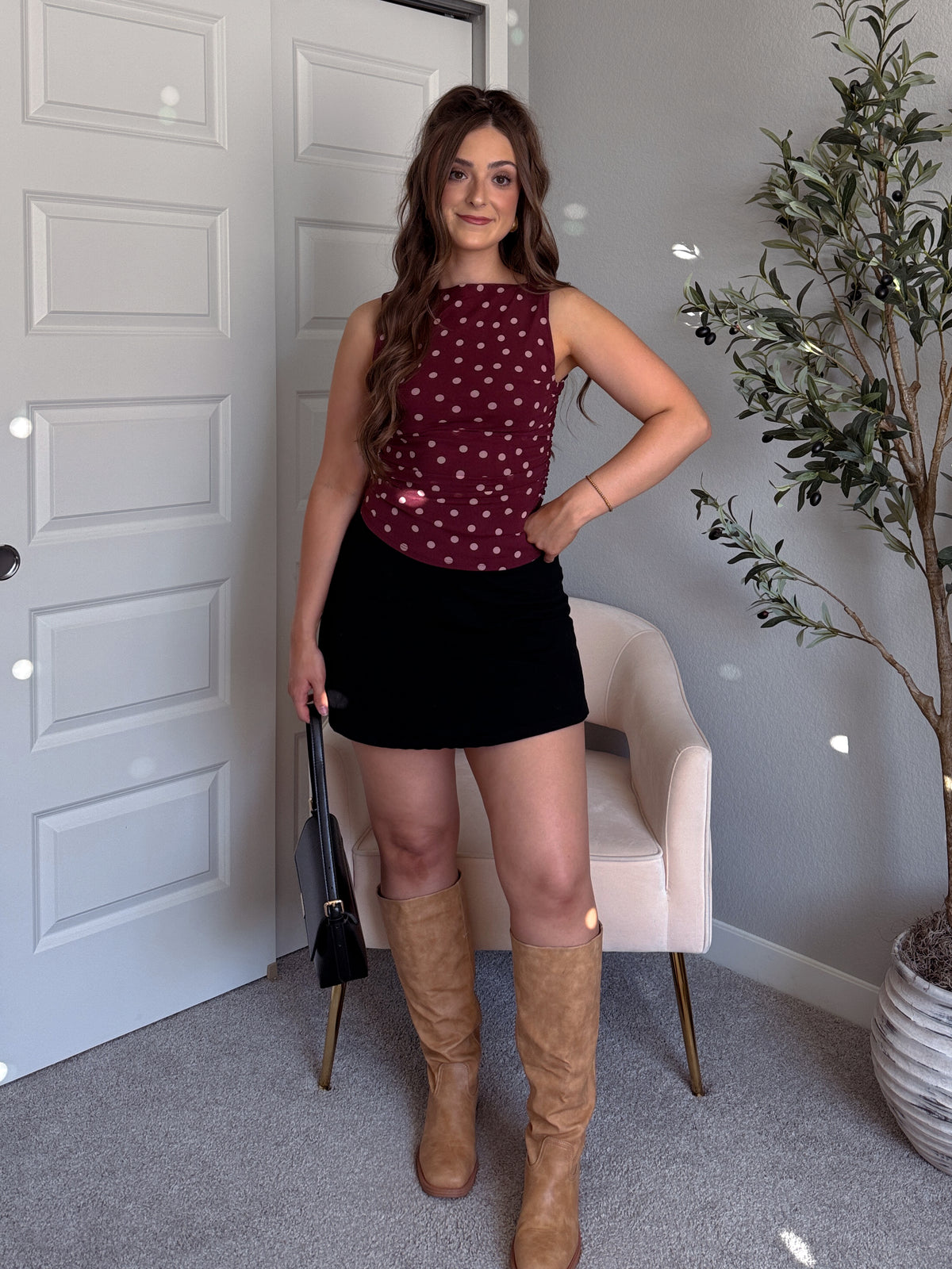 Corinne Polka Dot Boat Neck Sleeveless Top (Burgundy)