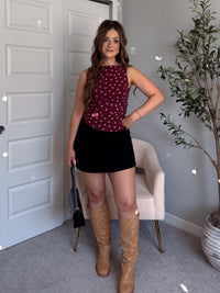 Corinne Polka Dot Boat Neck Sleeveless Top (Burgundy)