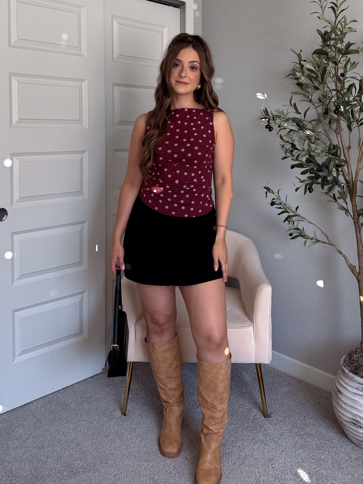 Corinne Polka Dot Boat Neck Sleeveless Top (Burgundy)