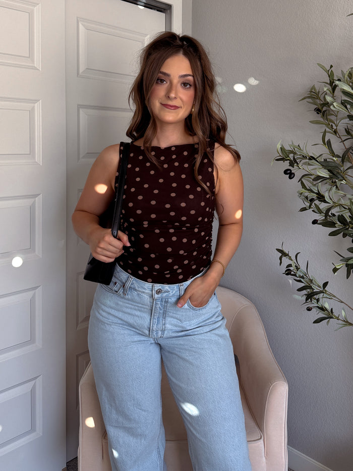 Corinne Polka Dot Boat Neck Sleeveless Top (Dark Brown)