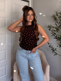 Corinne Polka Dot Boat Neck Sleeveless Top (Dark Brown)