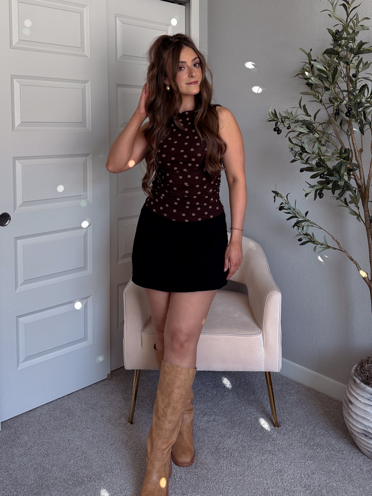 Corinne Polka Dot Boat Neck Sleeveless Top (Dark Brown)
