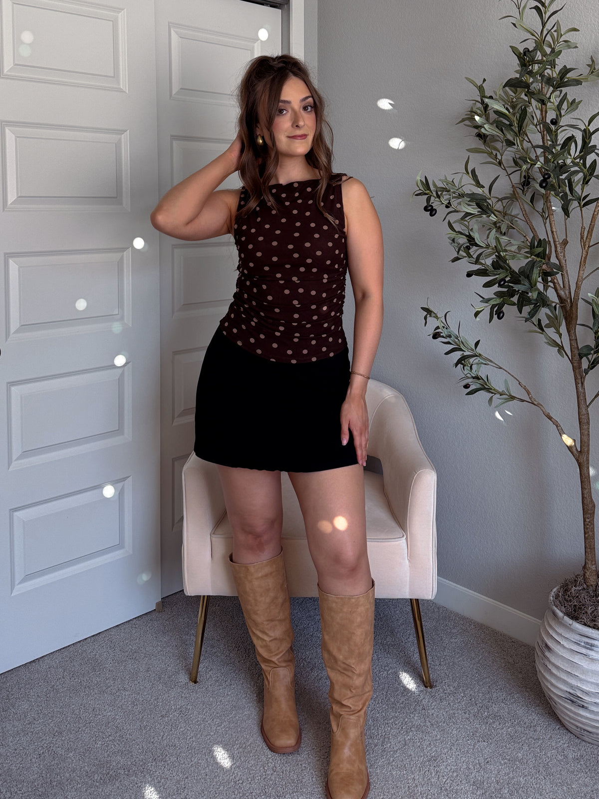 Corinne Polka Dot Boat Neck Sleeveless Top (Dark Brown)