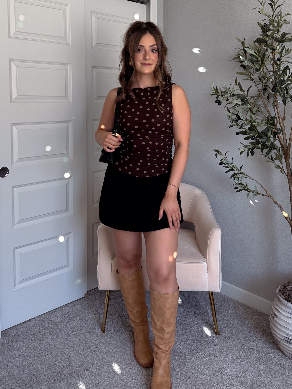 Corinne Polka Dot Boat Neck Sleeveless Top (Dark Brown)