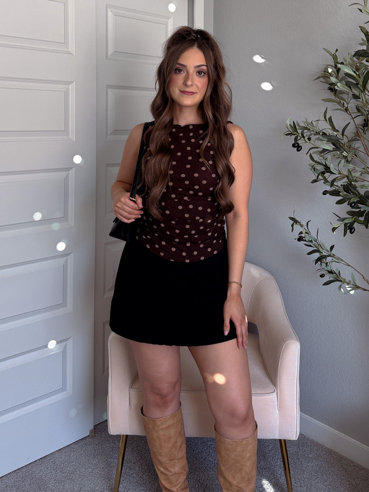Corinne Polka Dot Boat Neck Sleeveless Top (Dark Brown)