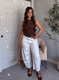 Corinne Polka Dot Boat Neck Sleeveless Top (Mocha)
