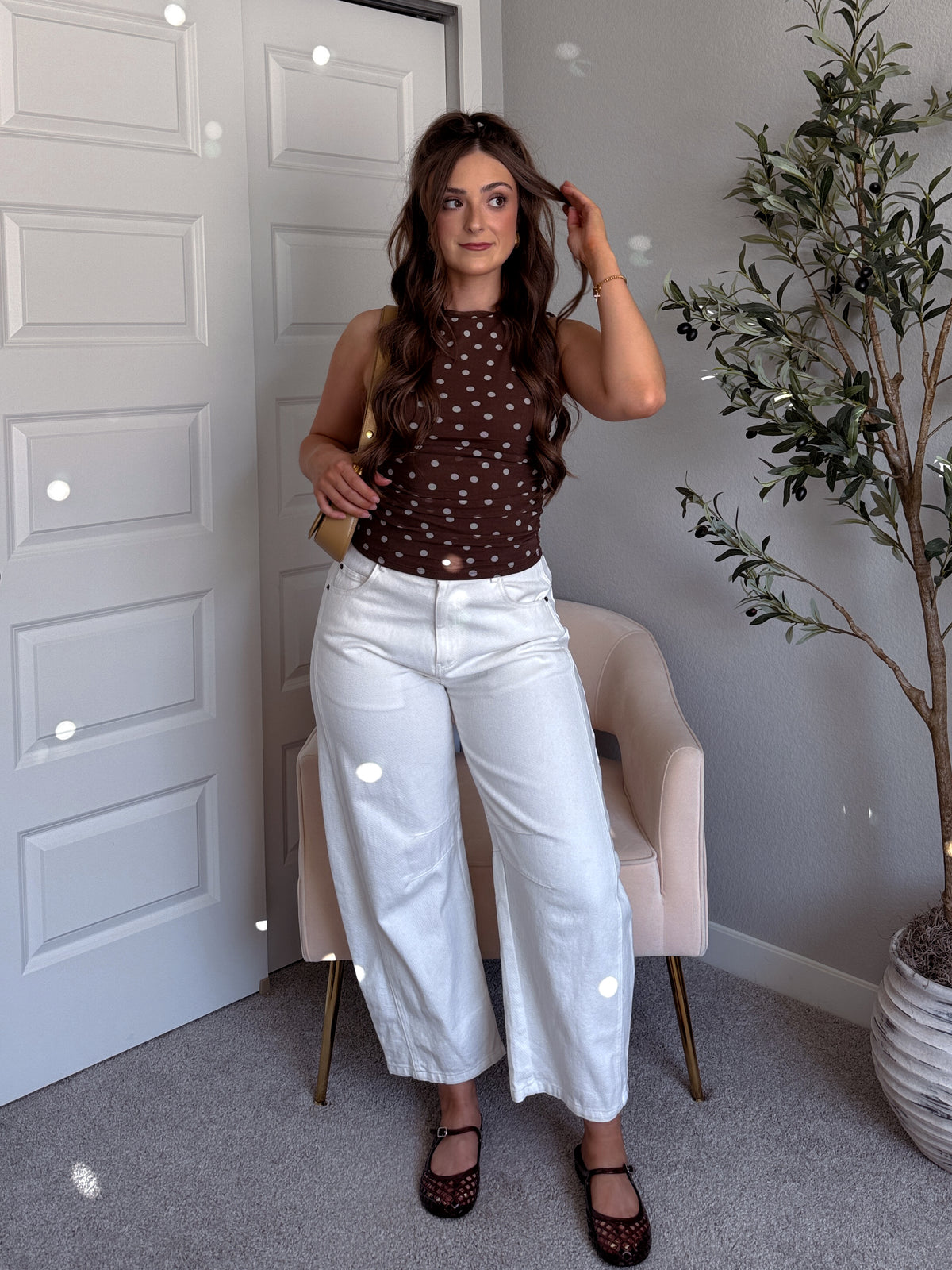Corinne Polka Dot Boat Neck Sleeveless Top (Mocha)