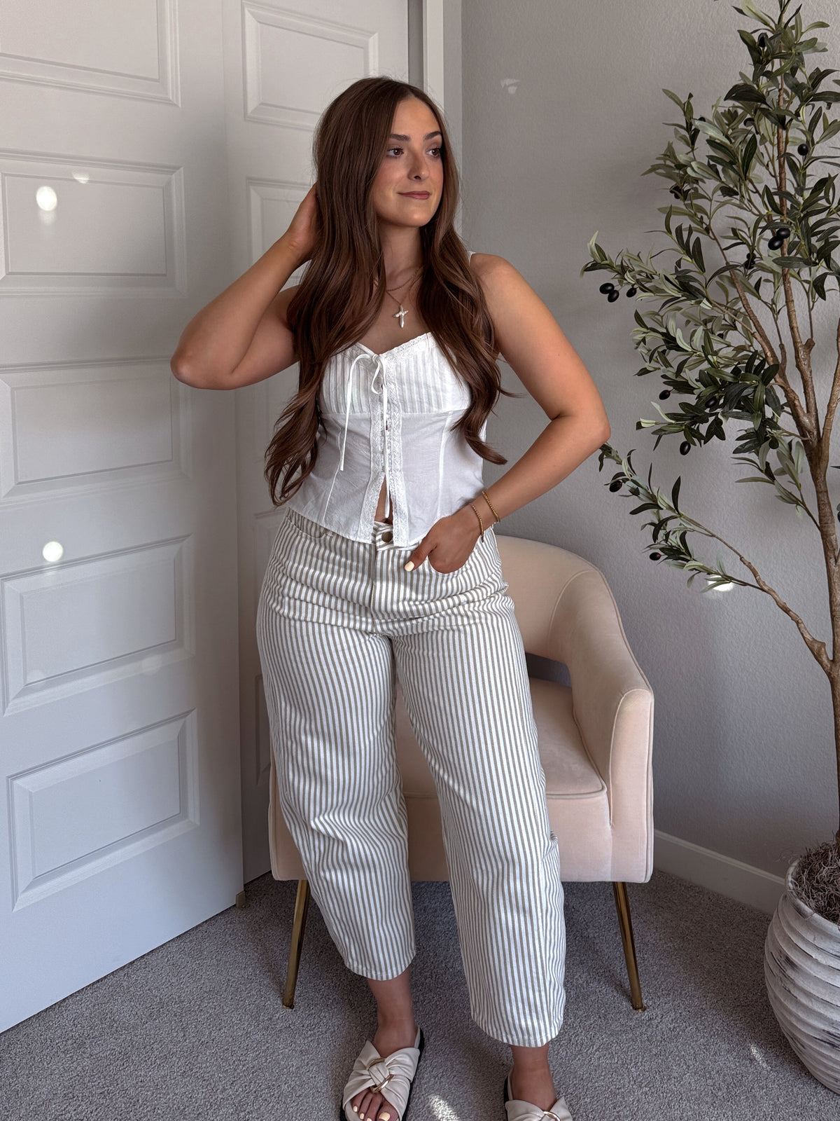 Cosette Pintuck Lace Trim Tie Front Top (White)