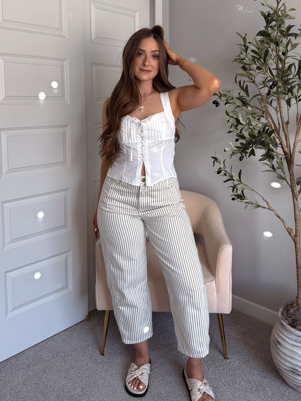 Cosette Pintuck Lace Trim Tie Front Top (White)