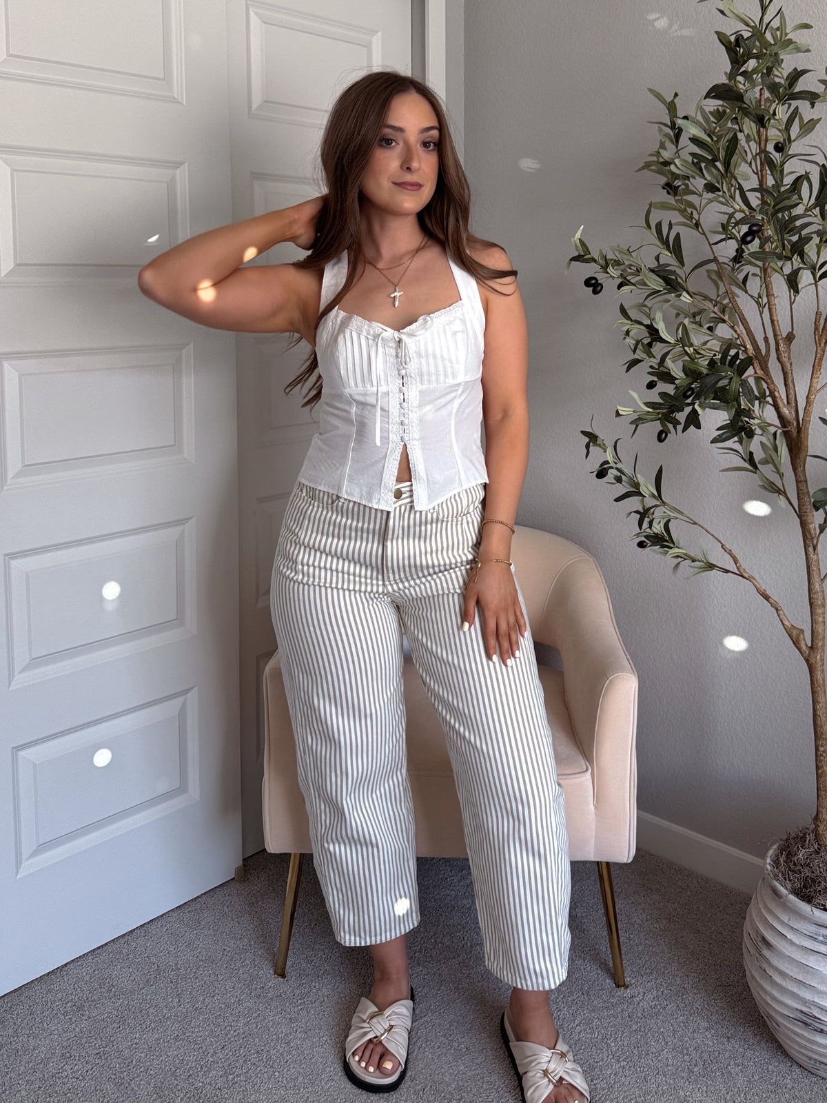 Cosette Pintuck Lace Trim Tie Front Top (White)