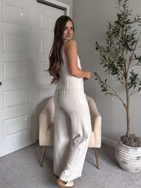 Cove Pinstripe Drawstring Wide Leg Pants (Oatmeal)