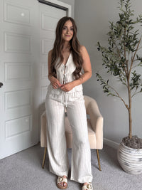 Cove Pinstripe Drawstring Wide Leg Pants (Oatmeal)