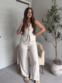 Cove Pinstripe Drawstring Wide Leg Pants (Oatmeal)