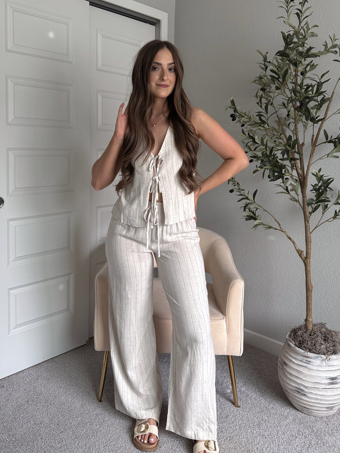 Cove Pinstripe Drawstring Wide Leg Pants (Oatmeal)