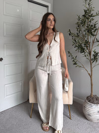 Cove Pinstripe Drawstring Wide Leg Pants (Oatmeal)
