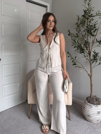 Cove Pinstripe Drawstring Wide Leg Pants (Oatmeal)