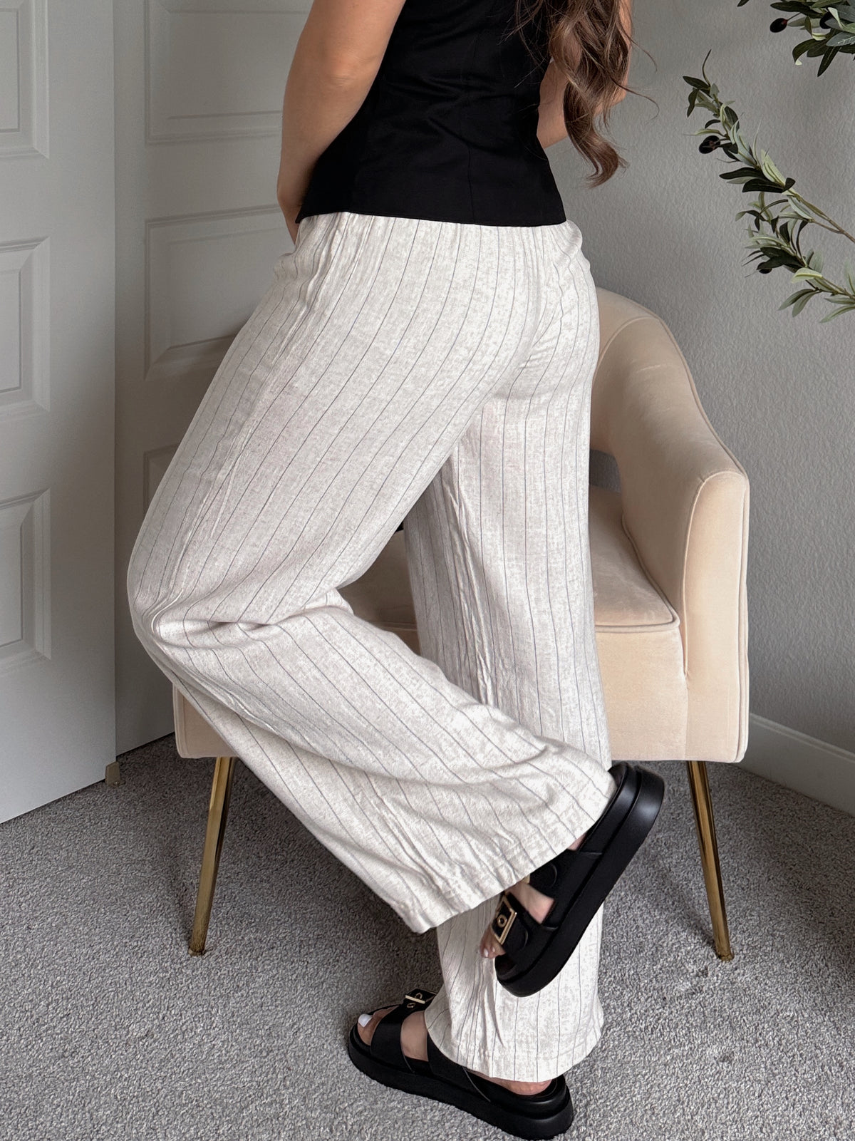 Cove Pinstripe Drawstring Wide Leg Pants (Oatmeal)