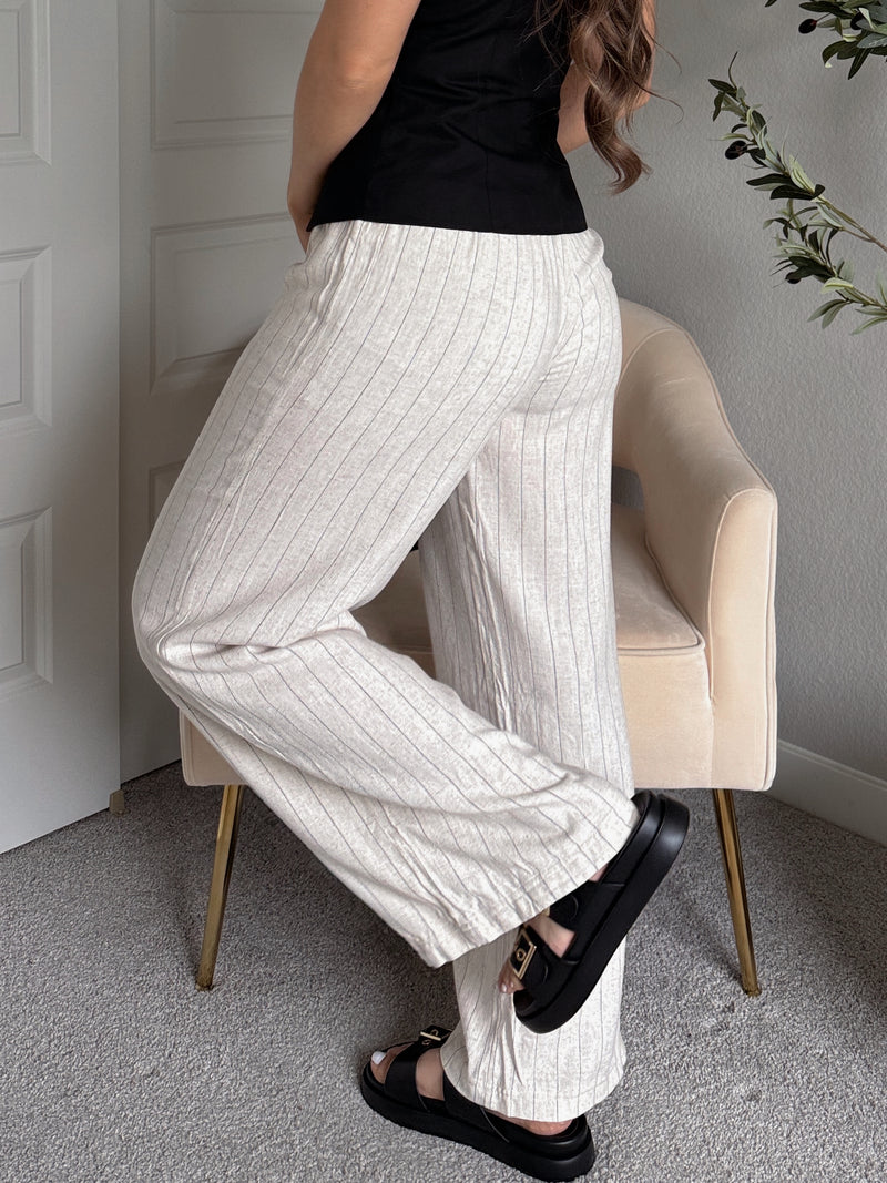 Cove Pinstripe Drawstring Wide Leg Pants (Oatmeal)