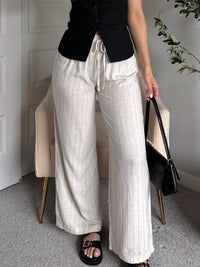 Cove Pinstripe Drawstring Wide Leg Pants (Oatmeal)