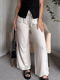 Cove Pinstripe Drawstring Wide Leg Pants (Oatmeal)
