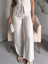 Cove Pinstripe Drawstring Wide Leg Pants (Oatmeal)